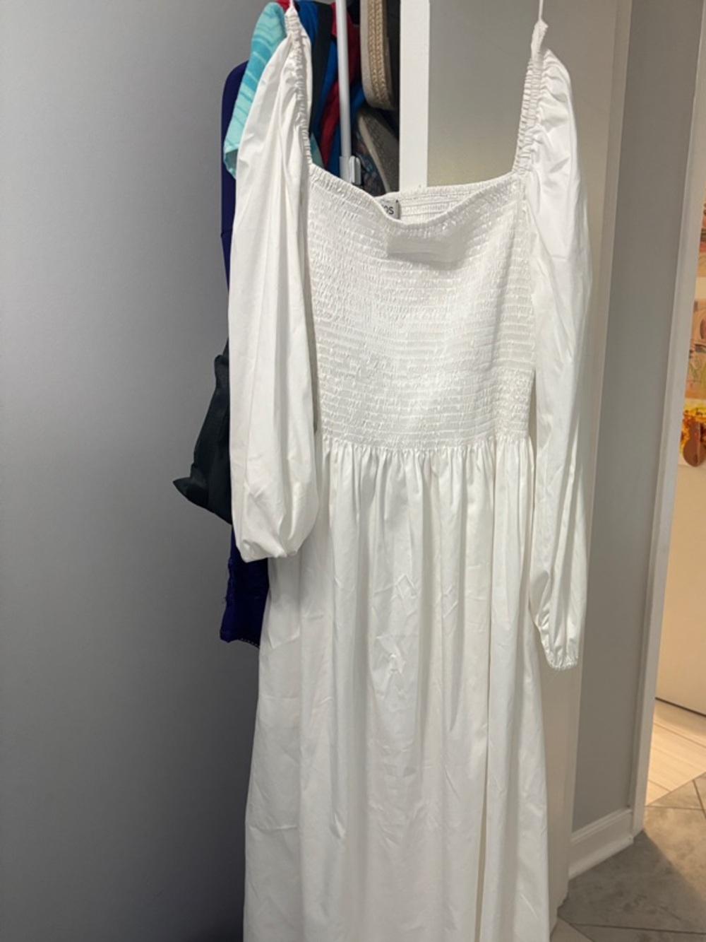 COS White Smocked Puff-Sleeve Midi Dress